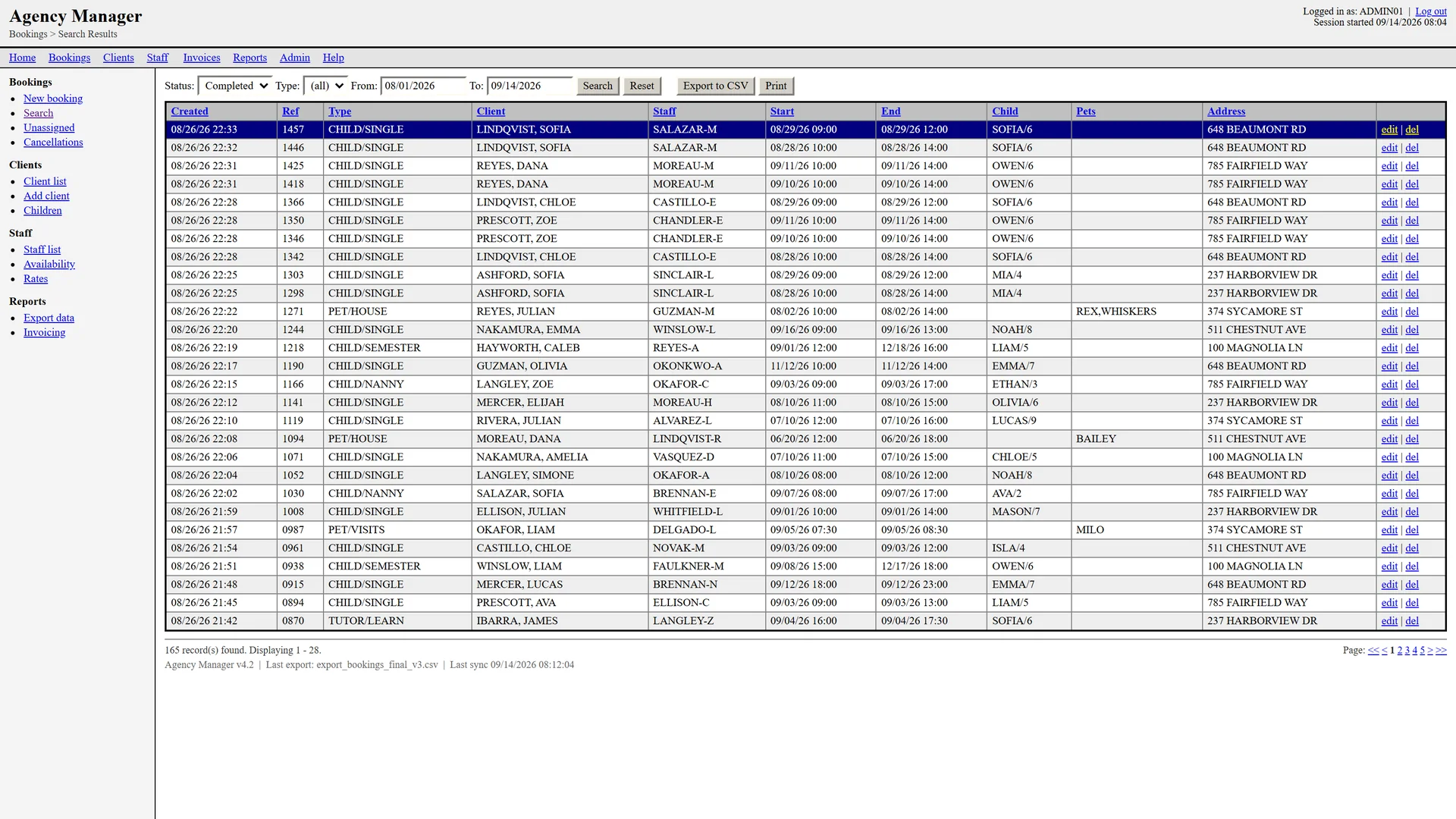 A dated agency back office showing the same bookings as a dense uppercase table, and on a phone the whole desktop layout shrunk to fit